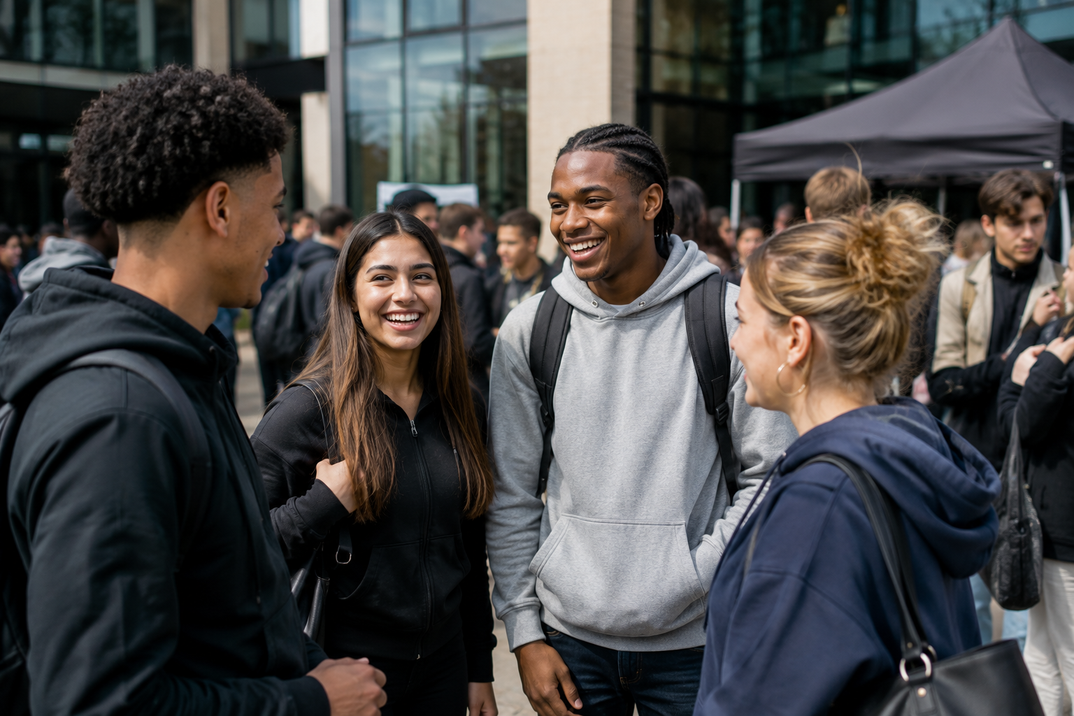 A group of young friends laughing together in the city