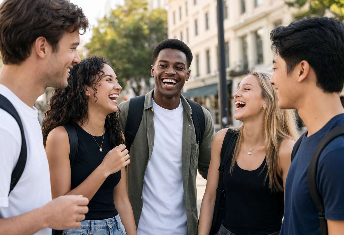 A group of young friends laughing together in the city