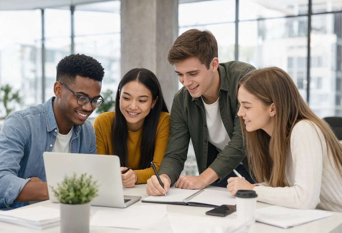 Four young people working together around a laptop